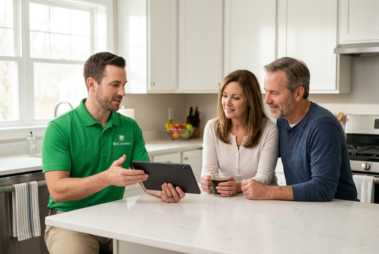 Photorealistic editorial photograph, 3:2 landscape. A friendly male
bio-restoration company representative in his late 30s sits at a bright
suburban kitchen island with a married homeowner couple in their 50s,
reviewing a job estimate together. He wears a clean, well-fitted
bright-green three-button collared polo, sleeves at the bicep, with a
small embroidered chest logo over his left breast: a simple circular
shield icon beside the single word "BioCleaners" in a clean sans-serif.
He holds a black 11-inch digital tablet angled slightly toward the
couple, one hand gesturing openly at the screen as he explains. The
homeowners lean in, relaxed and attentive — the wife has a mug of coffee,
the husband nods with a slight smile. Body language is easy and
unhurried; no clipboard, no hard sell, no visible protective equipment.

Setting: a real lived-in American kitchen — white shaker cabinets, light
quartz counters, a fruit bowl, a hand towel on the oven bar. Large window
camera-left floods the scene with soft late-morning daylight; gentle fill
from the right, no harsh shadows. Warm neutral color grade, natural skin
tones.

Shot on a full-frame camera, 50mm lens, f/2.8, eye-level, waist-up
three-quarter framing with the rep at left third and the couple at right,
shallow depth of field softening the background. Candid documentary feel,
not a posed stock photo. Sharp focus on faces and the shirt logo.

Text rendering: the ONLY text in the image is "BioCleaners" on the chest,
spelled exactly, correctly, and legibly. No other lettering, signage,
labels, or watermarks anywhere in the frame. The tablet screen shows a
plain neutral interface with no readable words.

Avoid: distorted or extra fingers, warped faces, garbled or duplicated
text, cropped heads, plastic AI skin, HDR over-processing, hazmat suits,
clinical or crime-scene imagery.