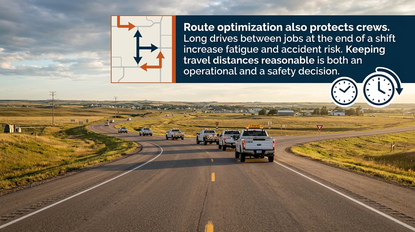 Route optimization also protects crews. Long drives between jobs at the end of a shift increase fatigue and accident risk. Keeping travel distances reasonable is both an operational and a safety decision.