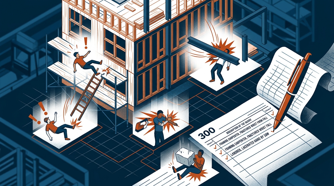 Generate an image that reflects this content. Don't use any words.
Construction recordkeeping focuses on acute physical injury: falls, struck-by events, lacerations, crush injuries. Those incidents are visible, fast, and usually linked to a single cause. Column F on the OSHA 300 form asks for a description of the injury and how it happened, and for a framing carpenter that answer is usually a single sentence.